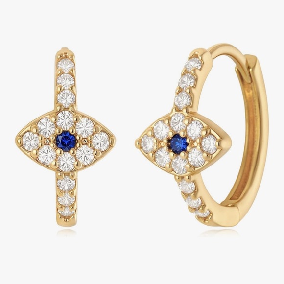 NEW 14K Gold Plated Small Huggie Earrings with Blue Zirconia - Picture 1 of 4